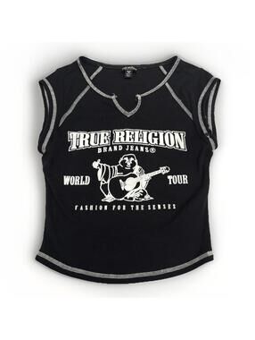 Women’s True Religion Ribbed World Tour Black Notch Baby Tee Size XS